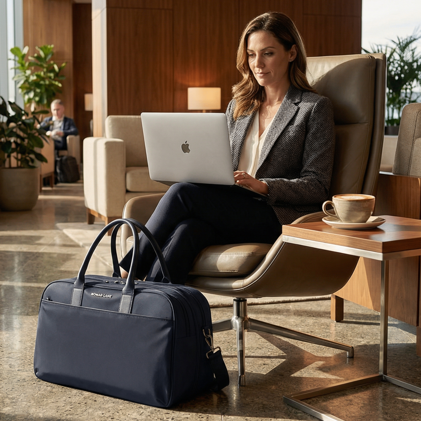 Woman working on laptop in airport lounge with Bento Bag